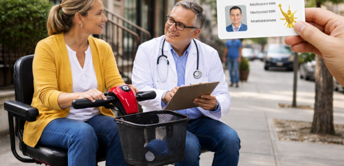 Doctor consults woman on mobility scooter