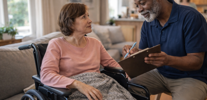 Caregiver assisting woman in wheelchair
