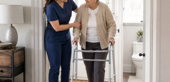 Home care aide helping an elderly woman with a walker safely reach the bathroom at home in New York.