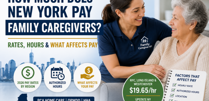How Much Does New York Pay Family Caregivers? Rates, Hours and What Affects Pay 1 Family caregiver in New York reviewing Home Care pay rates and authorized care hours with an older adult.