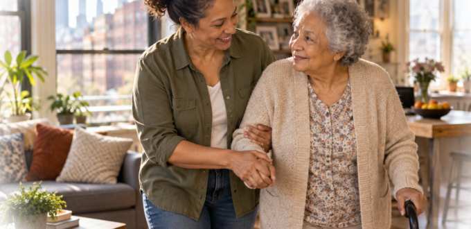 Close friend helping an older adult with daily activities at home through a New York Home Care program.